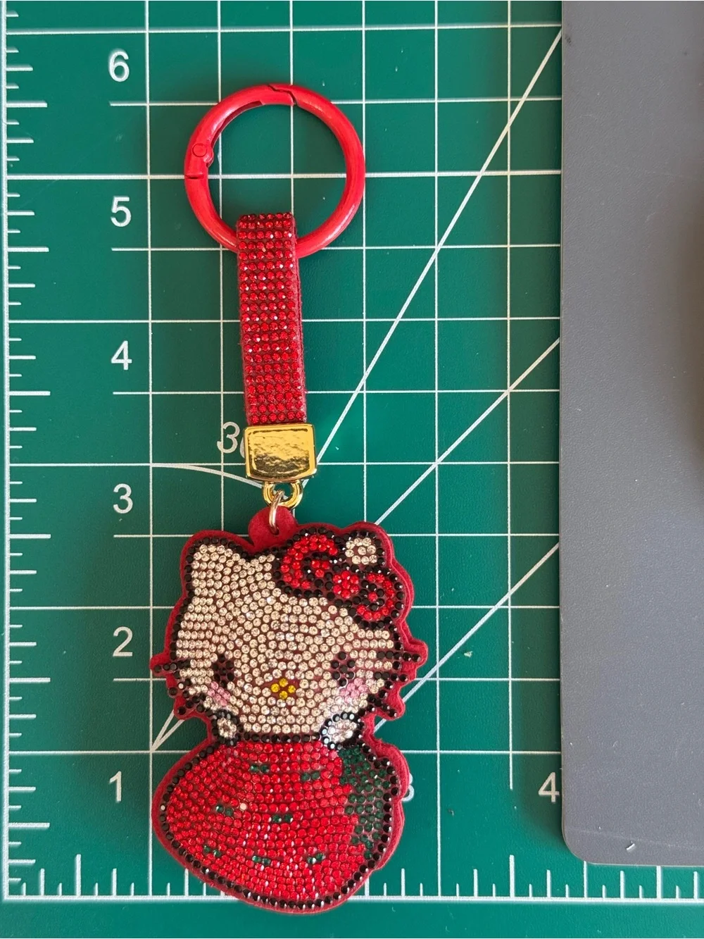 Rhinestone Strawberry HK Kitty Cartoon Character Keychain Bag Charm (Black)